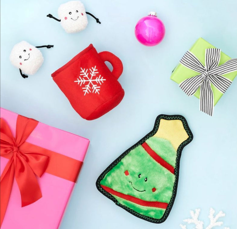 Holiday Christmas Burrow Hot Cocoa Interactive Plush Squeak Dog Toy Set - 4Pc