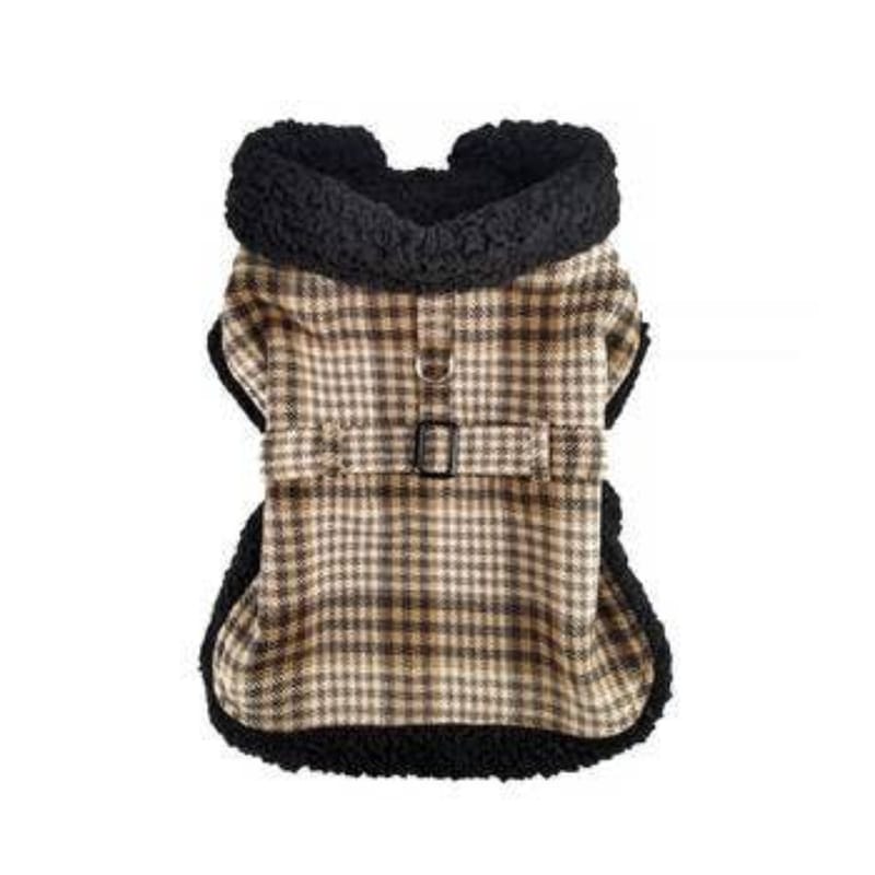 Doggie Design Jackets XS Sherpa Lined Dog Harness Coat Brown & White Plaid with Matching Leash