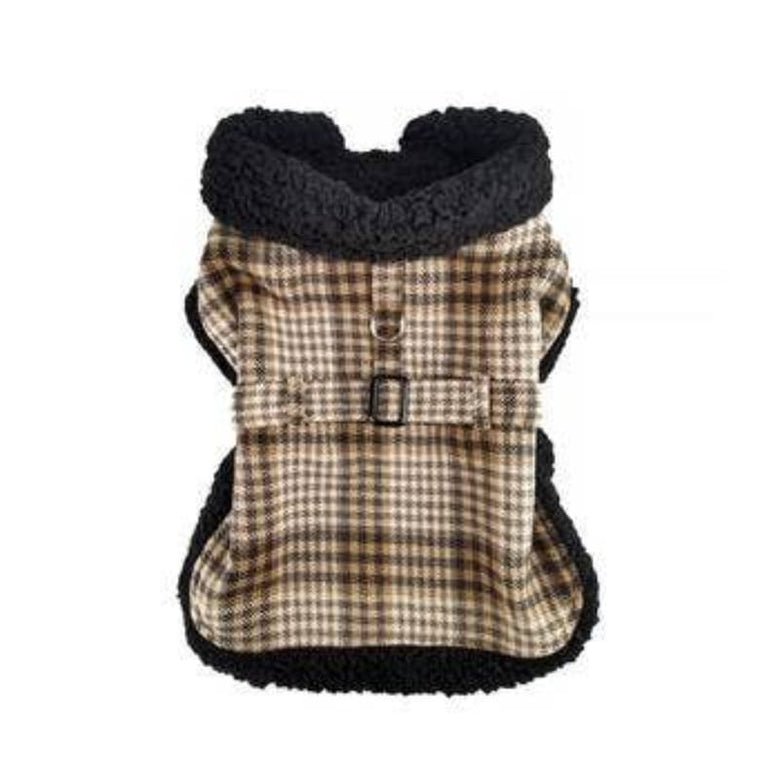 Doggie Design Jackets XS Sherpa Lined Dog Harness Coat Brown & White Plaid with Matching Leash