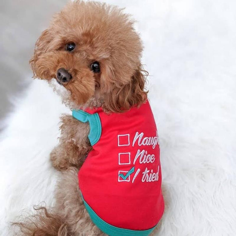 Parisian Pet Tee's Naughty Nice I Tried Christmas Holiday Red Embroidered Dog T-Shirt