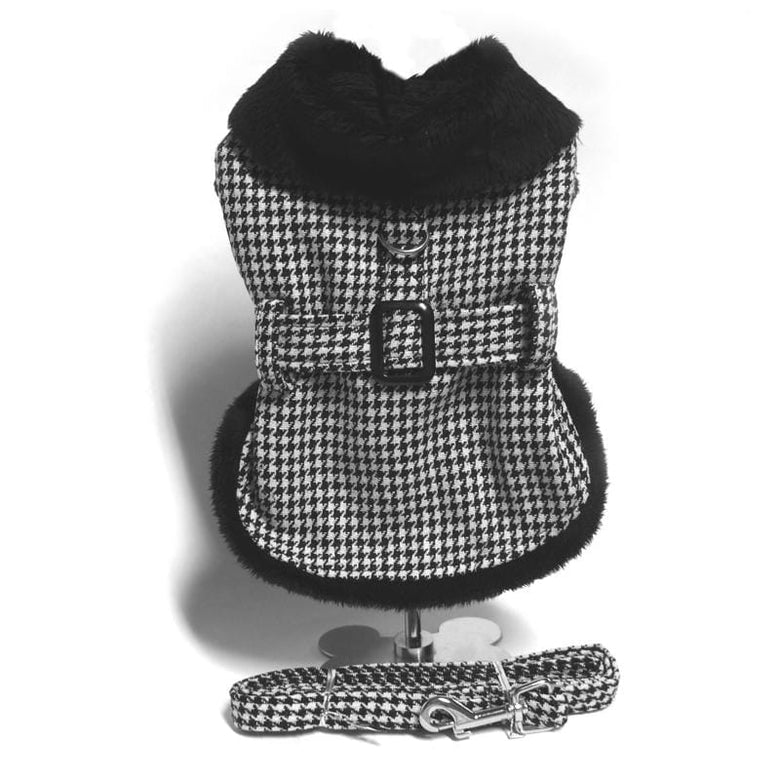 Doggie Design, Inc. Jackets-Coats XS Sherpa Lined Dog Harness Coat - Blk & Wht Houndstooth with Leash