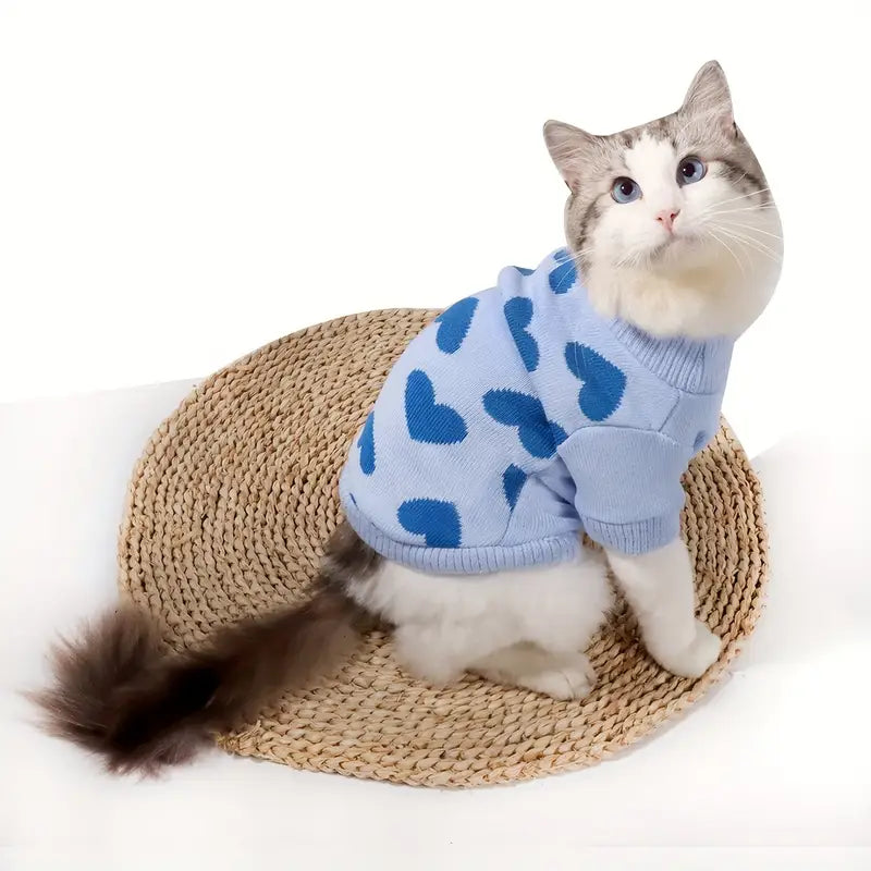 TM - JUNLING PETS Sweaters Lots of Blue Hearts Warm Turtleneck Pet Sweater
