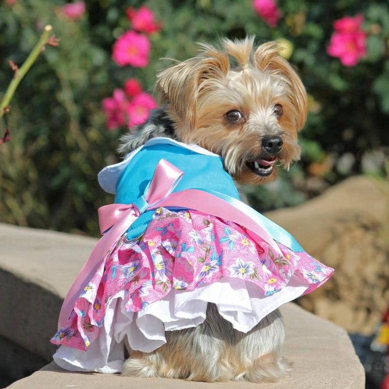 Doggie Design DRESSES Pink and Blue Plumeria Floral Dog Harness Dress w/ Matching Leash