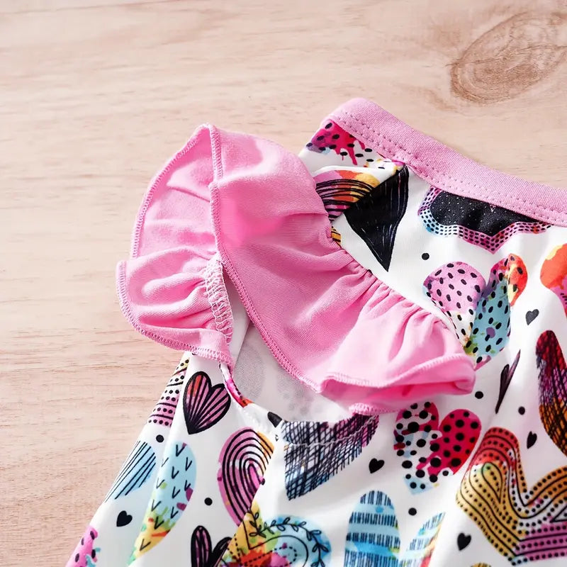 TM - NATTOPET Dog Apparel Colorful Hearts Patterned Pink Ruffle Sleeve Dog Tee