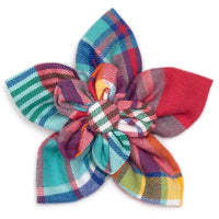 Coral Multi Color Plaid Flower Pet Collar Attachment - 2 Sizes