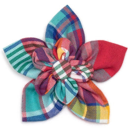 Coral Multi Color Plaid Flower Pet Collar Attachment - 2 Sizes