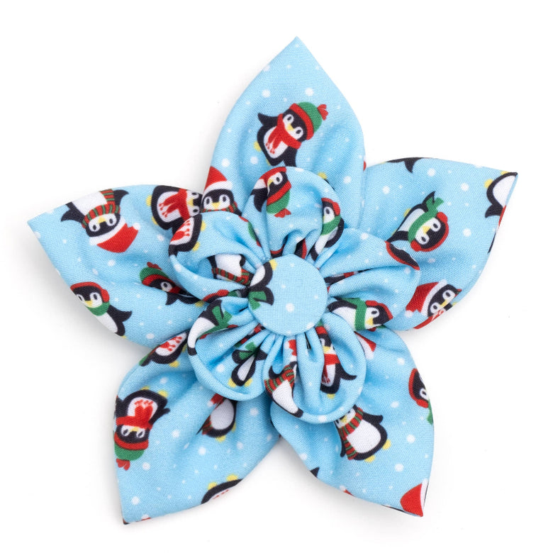 Winter Penguins Christmas Holiday Blue Flower Pet Collar Attachment - 2 Sizes