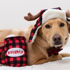 Buffalo Red Check Antler Holiday Warm Pet Hat with Snugfit