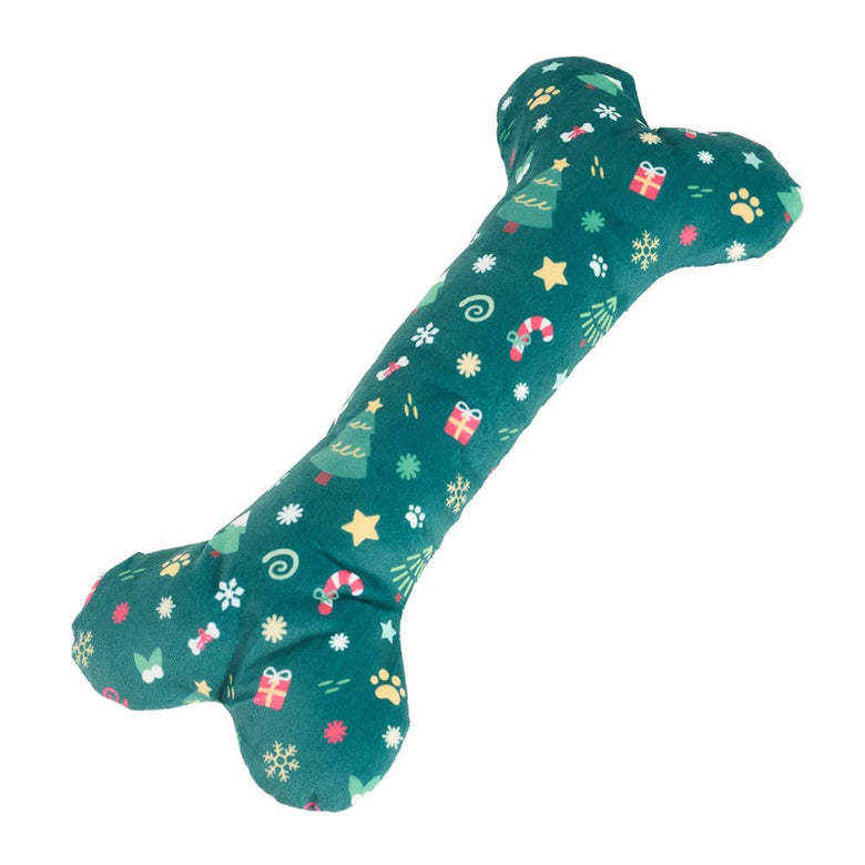 Holiday Jigglerz Green Christmas Patterned Bone Plush Squeaky Dog Toy