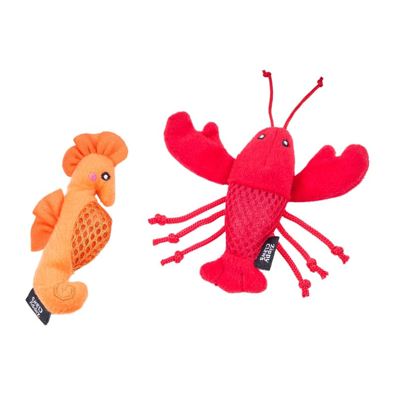 ZippyClaws Cat Toys Seahorse and Lobster Mesh Mates Plush Cat Toy Set - 2 Pack