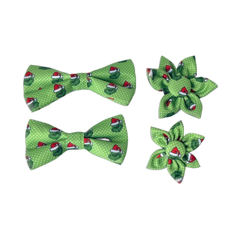 Sun Dog Bow Tie Holiday Grouchy Grinch Green Flower Pet Collar Attachment - 2 Sizes