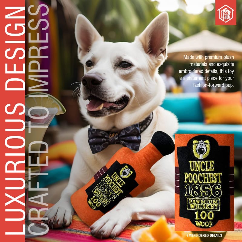 Chomp Haus Dog Toys Uncle Poochest Plush Bottle Squeaky Dog Toy