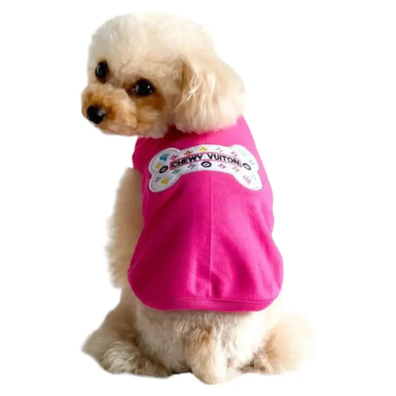 Aventura Pups Tee's XS Chewy Embroidered White Bone Hot Pink Dog Tee