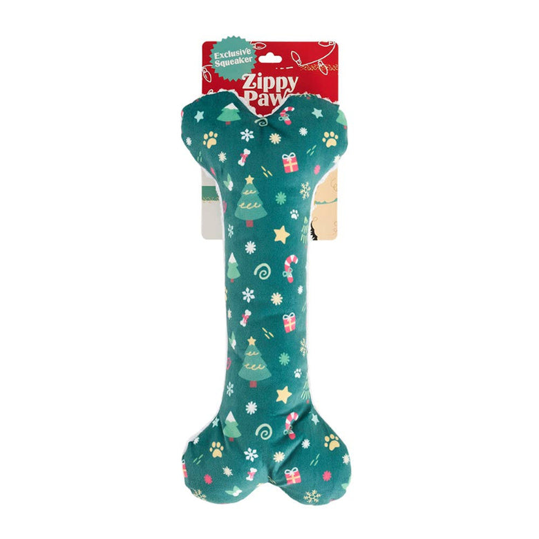 Holiday Jigglerz Green Christmas Patterned Bone Plush Squeaky Dog Toy
