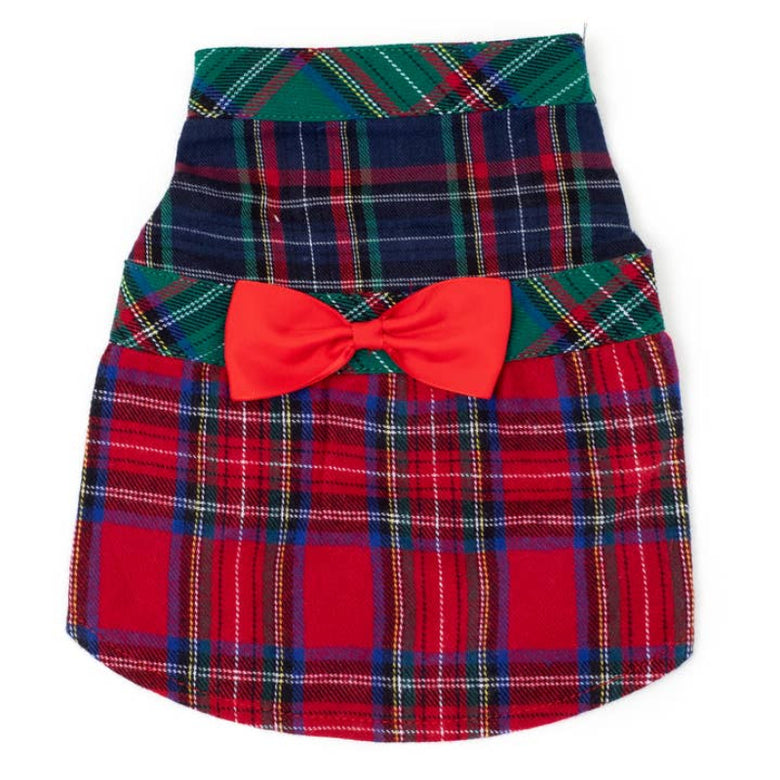 Colorblock Tartan Red & Forest Green with Red Bow Plaid Holiday Dog Dress