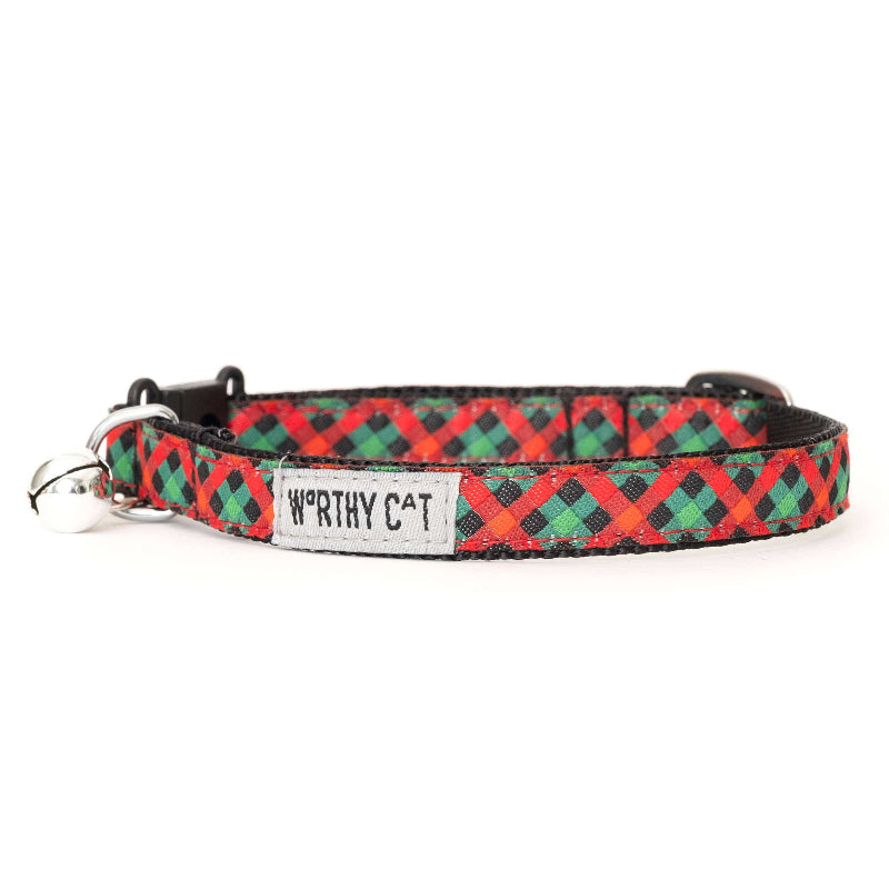 The Worthy Dog The Worthy Dog - Holiday Check Cat Collar: Red/Green/Black / One Size Fits Most