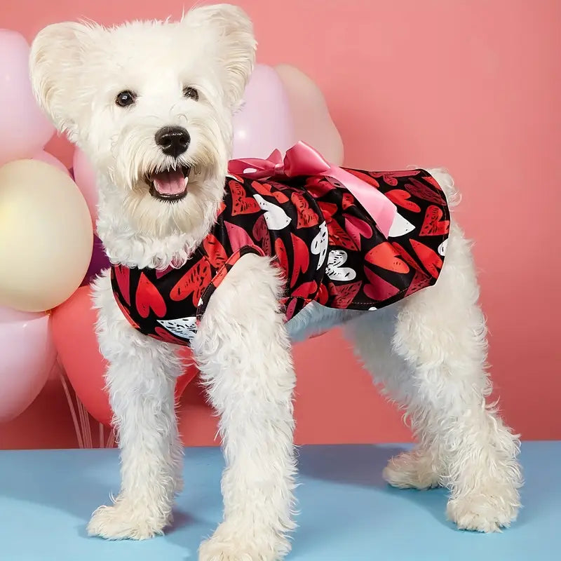 TM - PET PLUS LTD Dog Apparel Festive Hearts Print with Pink Bow Dog Dress