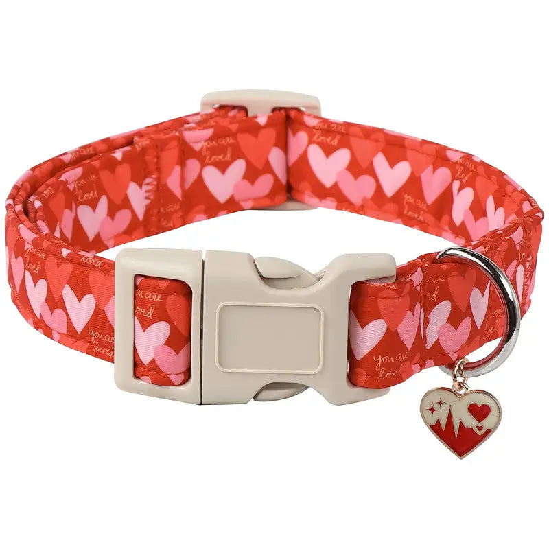 TM - PETWONG Collars SM "You Are Loved" Hearts with Charm Red Dog Collar