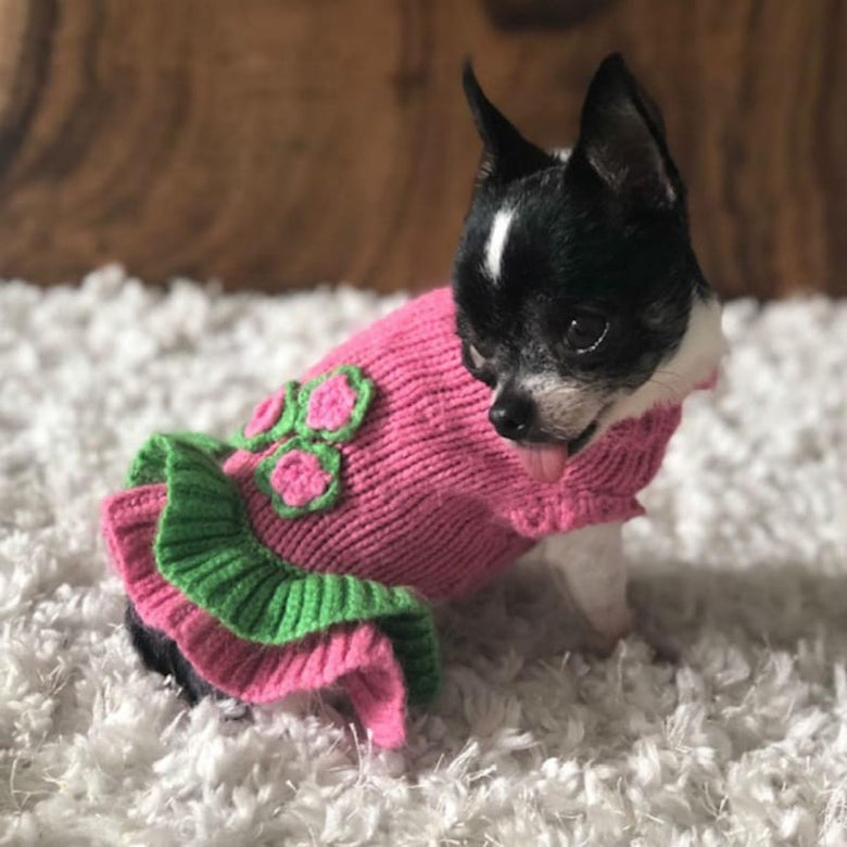Dallas Dogs, Ltd Sweaters Girlie Girl Pink and Green Flowers Cozy Dog Sweater Dress