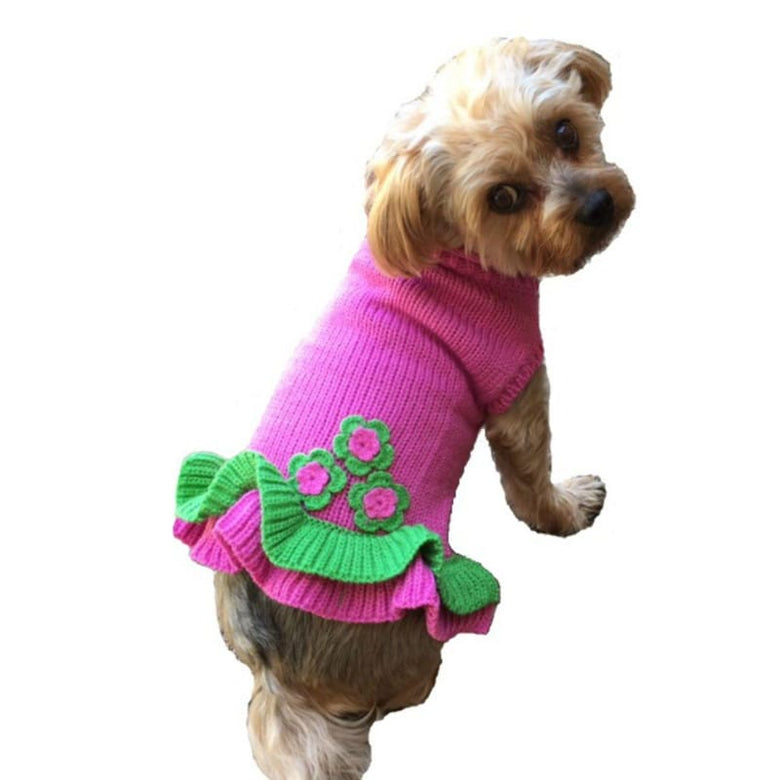 Dallas Dogs, Ltd Sweaters Girlie Girl Pink and Green Flowers Cozy Dog Sweater Dress