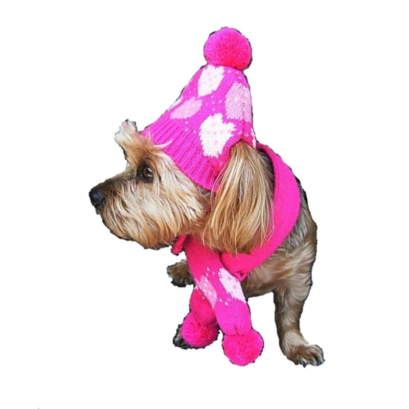 Dallas Dogs, Ltd Hats Pink Hearts Pom Pom Pet Hat with Matching Pet Scarf