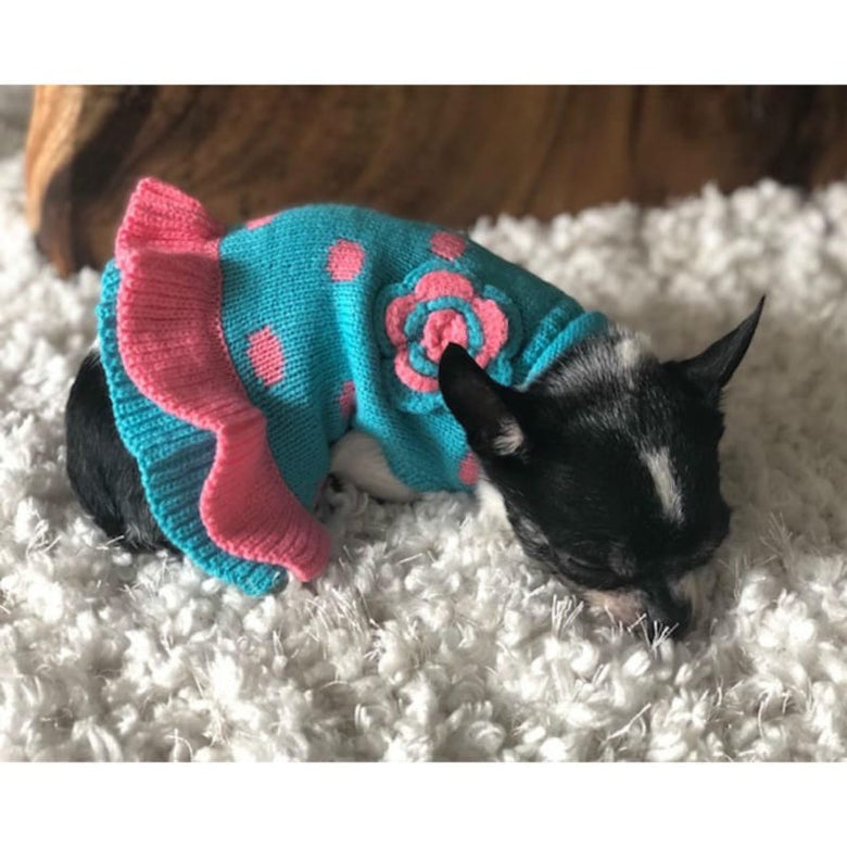 Dallas Dogs, Ltd Sweaters Turquoise Pink Flower and Polka Dots with Ruffle Bottom Turtleneck Pet Sweater Dress