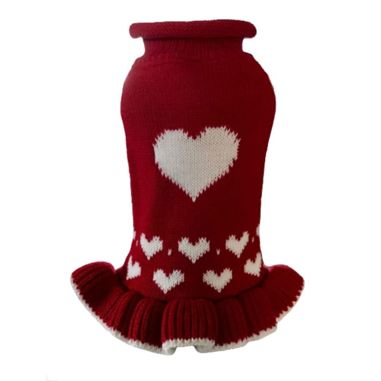 Dallas Dogs, Ltd Sweaters 6" White Hearts with Ruffle Bottom Turtleneck Red Dog Sweater Dress