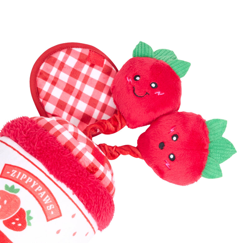 Strawberry Jam Jar Bungee Burrow Interactive Plush Squeaky Dog Toy