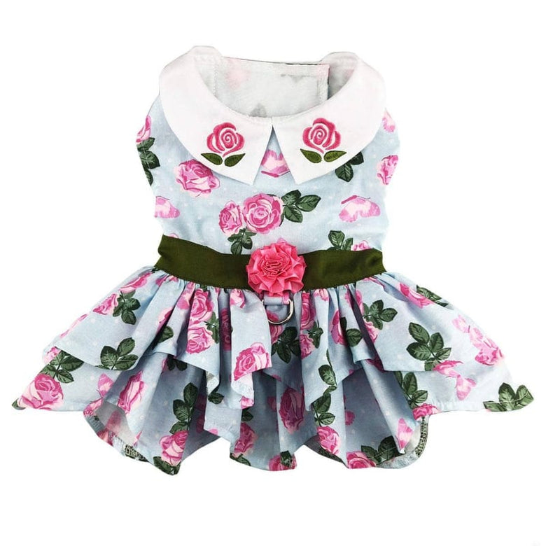 Doggie Design Dog Apparel XS Pink Rose Embroidered Collar Dog Harness Dress & Matching Leash