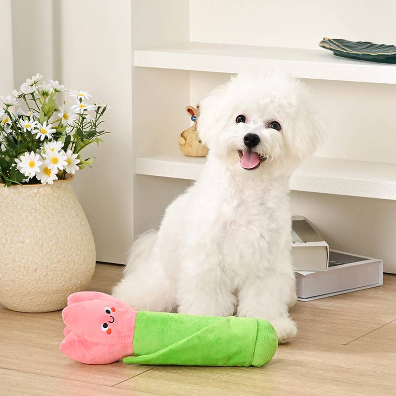 Hugsmart Products Inc dog toys Spring Garden Pink Smiley Face Tulip Plush Squeak Dog Toy