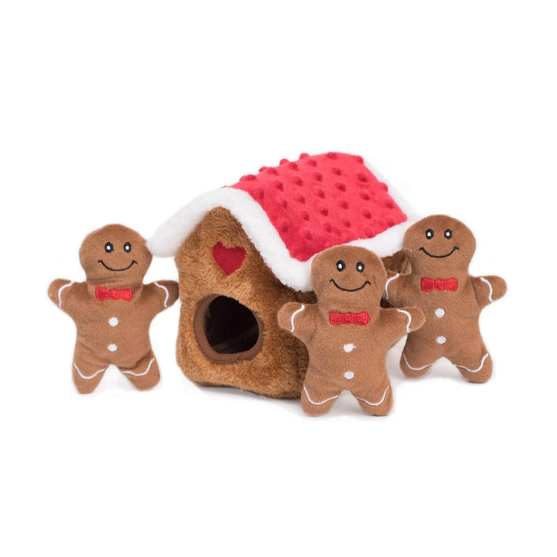 Holiday Christmas Burrow Gingerbread House Interactive Dog Toy Set - 4 Pc