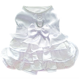 White Satin Pet Wedding Dress with Headpiece, Leash & D-Ring