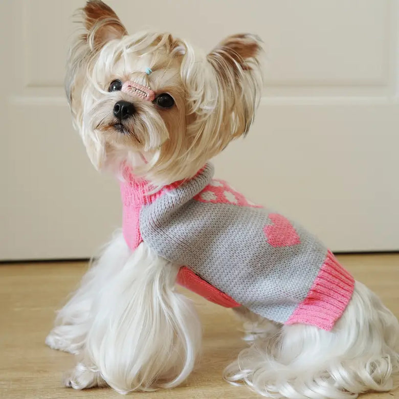 TM - NGS PET SHOP Dog Apparel Adorable Triple Heart Patterned Pink & Grey Turtleneck Dog Sweater