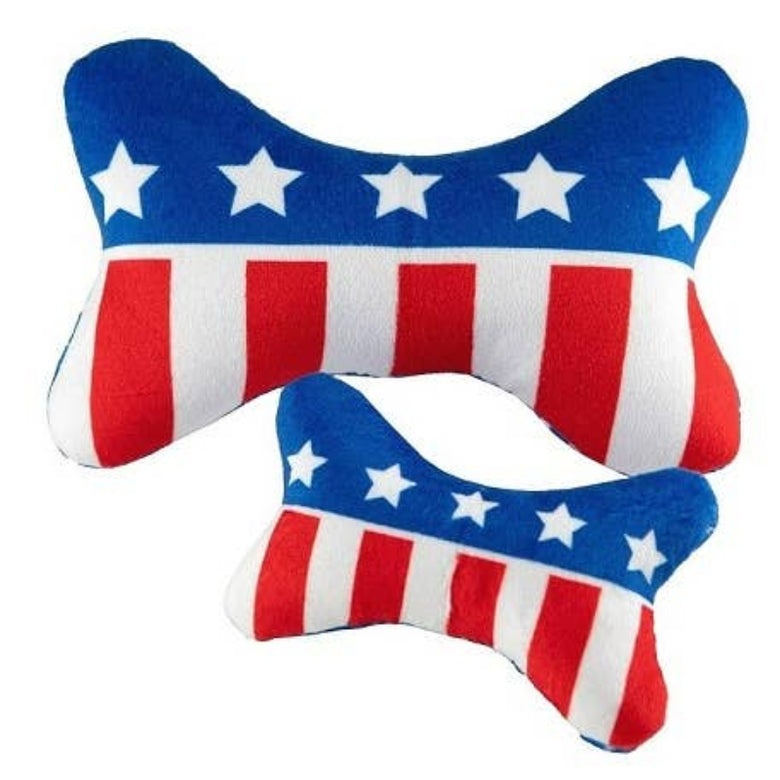 Patriotic Red Wht & Blue USA Bone Plush Squeaky Dog Toy (Double Sided) - 2 Sizes
