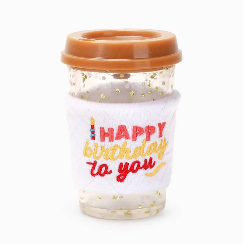 Hugsmart Products Inc dog toys Yappy Birthday Brown Birthday Coffee Cup Rubber Dog Toy