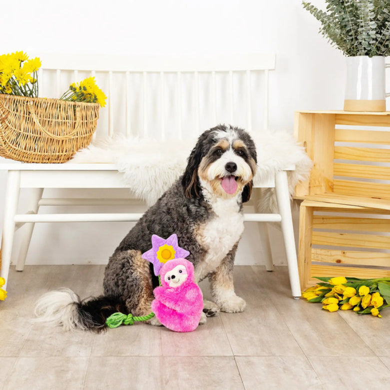 Bloom Baby Bloom Pink Sloth Flower Plush Squeaky Rope Dog Toy