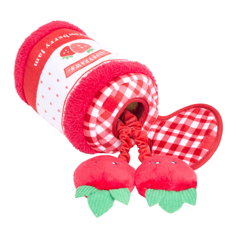 Strawberry Jam Jar Bungee Burrow Interactive Plush Squeaky Dog Toy