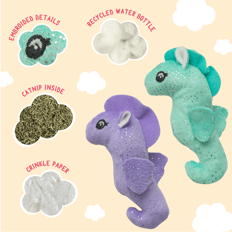 SnugArooz Cat Toys Kitty Seahorses Purple & Green Plush Cat Toy Set - 2pk