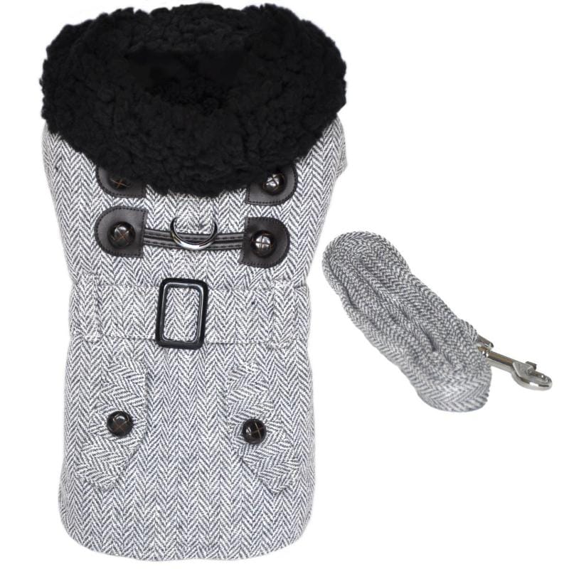 Doggie Design, Inc. Jackets-Coats XS Grey Herringbone Dog Harness Coat with Matching Leash