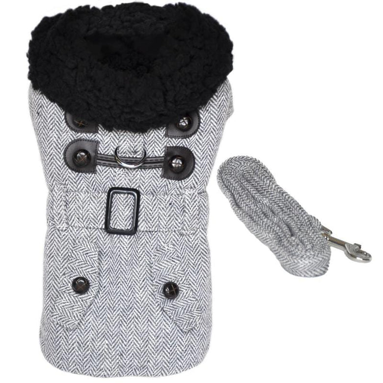 Doggie Design, Inc. Jackets-Coats XS Grey Herringbone Dog Harness Coat with Matching Leash