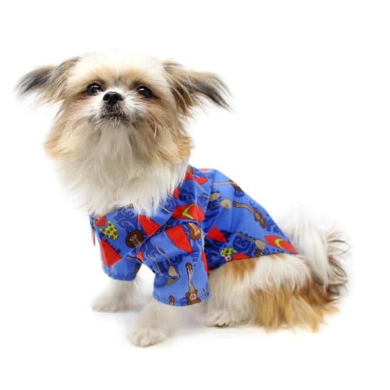 Doggie Design, Inc CollardShirts MD Ukuleles & Surfboards Blue Hawaiian Camp Collared Dog Shirt