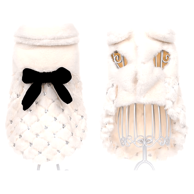 AE Jackets XS Sequin White Winter Faux Fur with Bow Pet Coat