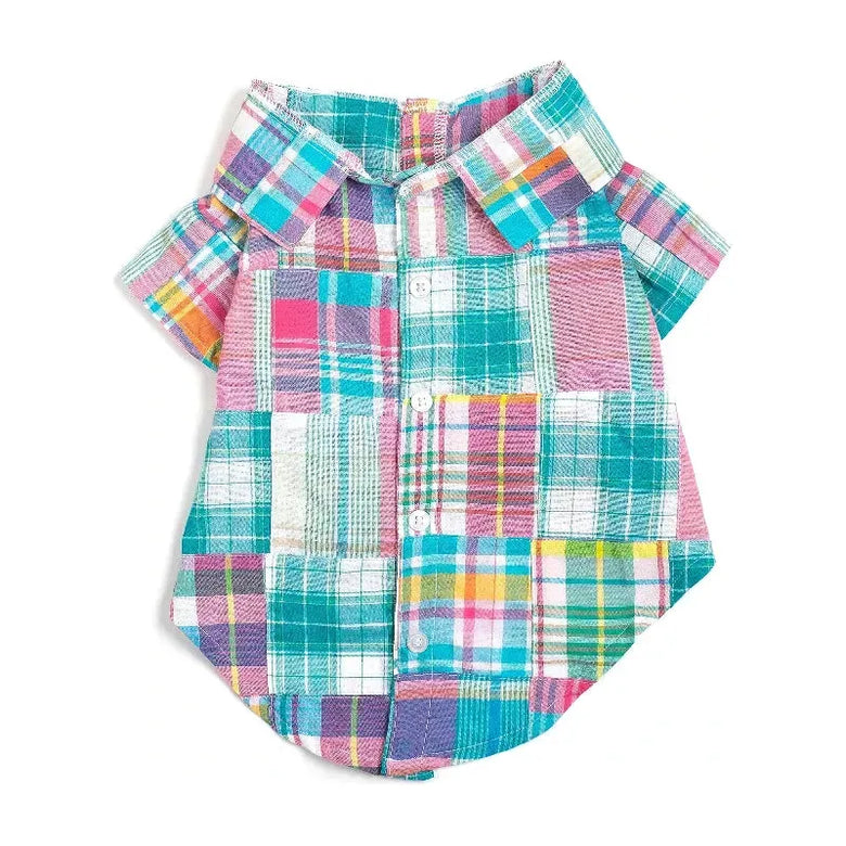 The Worthy Dog Collared Shirts LG Turquoise Multi Patch Madras Collared Dog Shirt