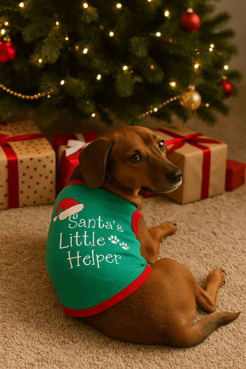 Parisian Pet Tee's Santa's Little Helper Green & Red Christmas Holiday Embroidered Dog T Shirt