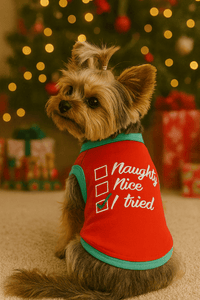 Parisian Pet Tee's Naughty Nice I Tried Christmas Holiday Red Embroidered Dog T-Shirt