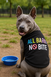 All Bark No Bite Black Colorful Print Embroidered Dog Tee