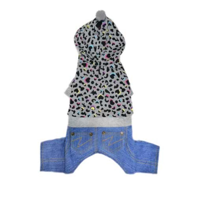 Pooch Outfitters Dog Apparel XS Braden Denim Pant Leopard Hooded Dog Overalls