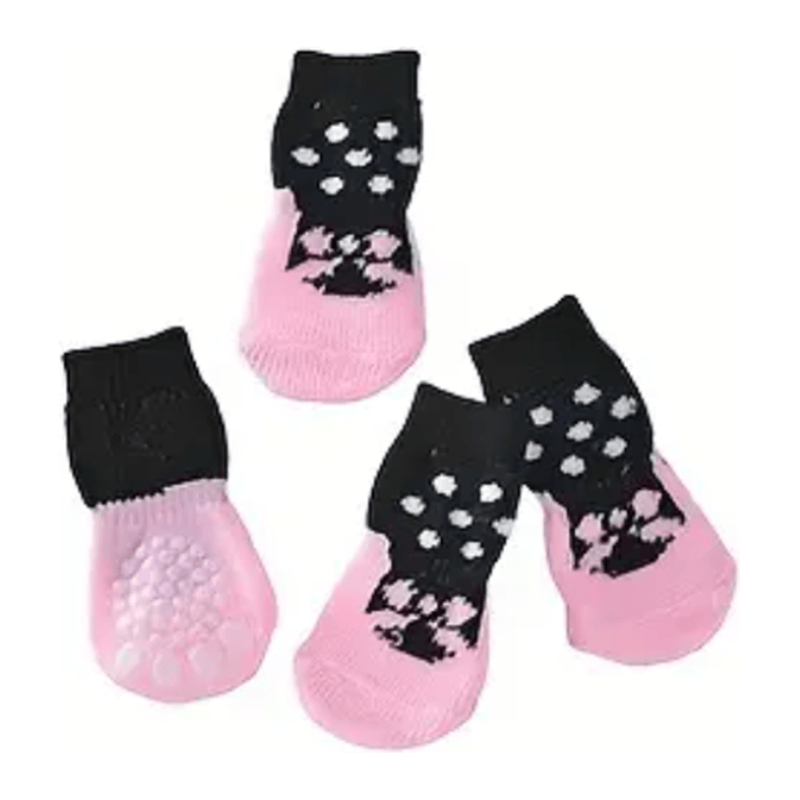 TM - DEVELOP STAR Pet Socks LG Polka Dot Black and Pink Non-Skid Bottom Warm Pet Socks - 4pc