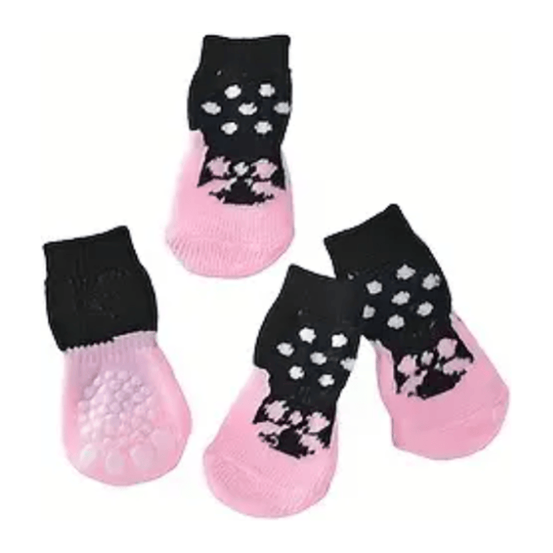 TM - DEVELOP STAR Pet Socks LG Polka Dot Black and Pink Non-Skid Bottom Warm Pet Socks - 4pc
