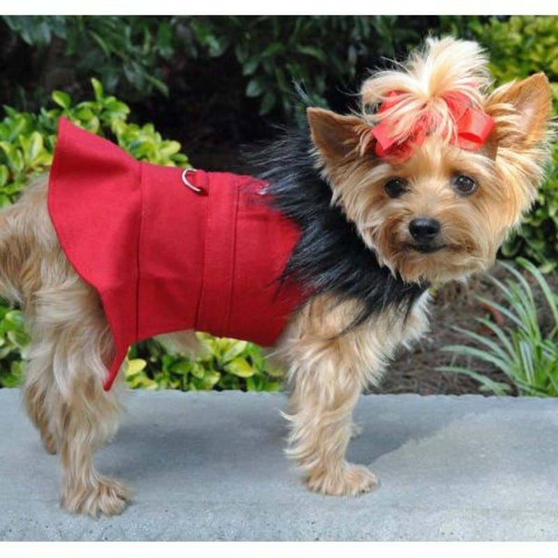 Doggie Design, Inc. Jackets-Coats Wool Blend Red Faux Fur Collar Classic Dog Harness Coat with matching Leash